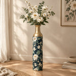 Slate Foliage Metal Flower Vase – Navy White Peony Bird decorative metal vase shown in a styled room scene.