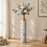 Persian Posy Metal Flower Vase – Ivory Sage Chintz decorative metal vase shown in a styled room scene.
