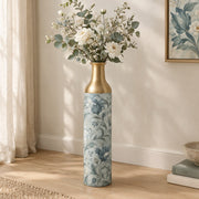 Vintage Medallion Metal Flower Vase – Pale Blue Acanthus decorative metal vase shown in a styled room scene.