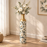 Sunflower Metal Flower Vase – Ivory Magnolia Sprig decorative metal vase shown in a styled room scene.