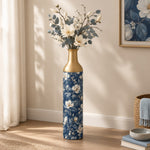Slate Foliage Metal Flower Vase – Navy Dusty Magnolia decorative metal vase shown in a styled room scene.