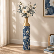 Slate Foliage Metal Flower Vase – Navy Dusty Magnolia decorative metal vase shown in a styled room scene.