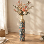 Gold Diamond Metal Flower Vase – Teal Coral Peony Songbird decorative metal vase shown in a styled room scene.