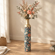 Gold Diamond Metal Flower Vase – Teal Coral Peony Songbird decorative metal vase shown in a styled room scene.