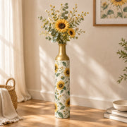 Sunflower Metal Flower Vase – Cream Sunflower Filler decorative metal vase shown in a styled room scene.