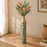 Vintage Medallion Metal Flower Vase – Sage Rust Damask decorative metal vase shown in a styled room scene.
