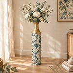 Emerald Bloom Metal Flower Vase – Cream Dusty Blue Peony Branch decorative metal vase shown in a styled room scene.