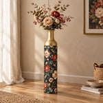 Amber Scroll Metal Flower Vase – Black Ground Crimson Peony Star decorative metal vase shown in a styled room scene.