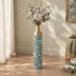 Iznik Blue Metal Flower Vase – Dusty Teal Blue Sage Bloom decorative metal vase shown in a styled room scene.