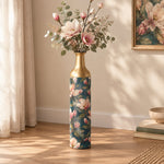Sage Poppy Metal Flower Vase – Teal Rose Magnolia Print decorative metal vase shown in a styled room scene.