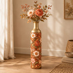 Blush Bloom Metal Flower Vase – Terracotta Peony Daisy Meadow decorative metal vase shown in a styled room scene.