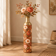 Blush Bloom Metal Flower Vase – Terracotta Peony Daisy Meadow decorative metal vase shown in a styled room scene.