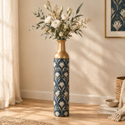 Gold Lattice Metal Flower Vase – Navy Gold Lily Diamond Trellis decorative metal vase shown in a styled room scene.