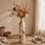 Sage Garden Metal Flower Vase – Cream Rust Peony Bloom decorative metal vase shown in a styled room scene.