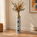 Terra Frames Metal Flower Vase – Cream Terracotta Square decorative metal vase shown in a styled room scene.