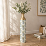 Sage Stripe Metal Flower Vase – Botanical Sprig Stripe decorative metal vase shown in a styled room scene.