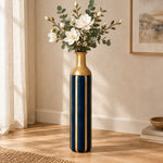 Sage Stripe Metal Flower Vase – Midnight Gold Stripe decorative metal vase shown in a styled room scene.