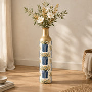 Sage Stripe Metal Flower Vase – Navy Berry Branch Stripe decorative metal vase shown in a styled room scene.