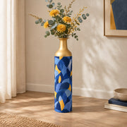 Folk Colorblock Metal Flower Vase – Azure Organic Arcs decorative metal vase shown in a styled room scene.