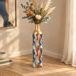 Folk Colorblock Metal Flower Vase – Terracotta Vessel Stripe decorative metal vase shown in a styled room scene.