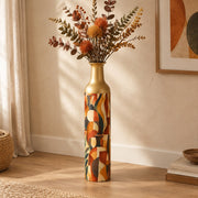 Folk Colorblock Metal Flower Vase – Rustic Amber Vessels decorative metal vase shown in a styled room scene.