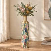 Folk Colorblock Metal Flower Vase – Pastel Feather Vessels decorative metal vase shown in a styled room scene.