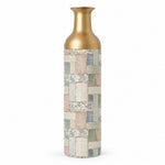 Indigo Weave Metal Flower Vase – Faded Blossom Patchwork decorative metal vase shown in a product view.