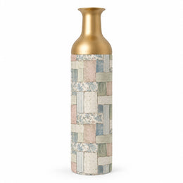 Indigo Weave Metal Flower Vase – Faded Blossom Patchwork decorative metal vase shown in a product view.