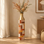 Indigo Weave Metal Flower Vase – Harvest Sprig Mosaic decorative metal vase shown in a styled room scene.