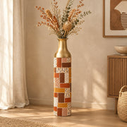 Indigo Weave Metal Flower Vase – Harvest Sprig Mosaic decorative metal vase shown in a styled room scene.