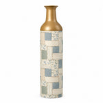 Indigo Weave Metal Flower Vase – Chalky Vine Patchwork decorative metal vase shown in a product view.