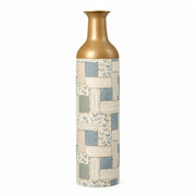 Indigo Weave Metal Flower Vase – Chalky Vine Patchwork decorative metal vase shown in a product view.