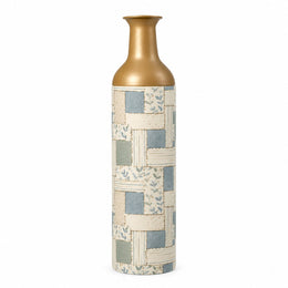 Indigo Weave Metal Flower Vase – Chalky Vine Patchwork decorative metal vase shown in a product view.