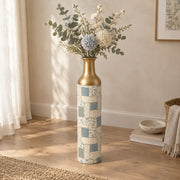 Indigo Weave Metal Flower Vase – Chalky Vine Patchwork decorative metal vase shown in a styled room scene.