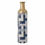 Indigo Weave Metal Flower Vase – Indigo Stripe Patchwork decorative metal vase shown in a product view.