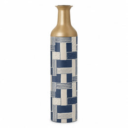 Indigo Weave Metal Flower Vase – Indigo Stripe Patchwork decorative metal vase shown in a product view.