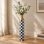 Emerald Check Metal Flower Vase – Classic Navy Checker decorative metal vase shown in a styled room scene.