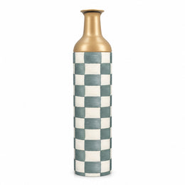 Emerald Check Metal Flower Vase – Sage Brush Checker decorative metal vase shown in a product view.