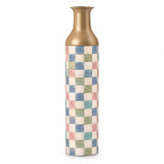 Emerald Check Metal Flower Vase – Pastel Patchwork Check decorative metal vase shown in a product view.