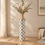 Emerald Check Metal Flower Vase – Pastel Patchwork Check decorative metal vase shown in a styled room scene.