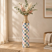 Emerald Check Metal Flower Vase – Pastel Patchwork Check decorative metal vase shown in a styled room scene.