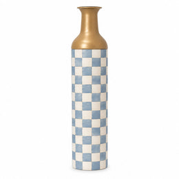 Emerald Check Metal Flower Vase – Dusty Blue Checker decorative metal vase shown in a product view.