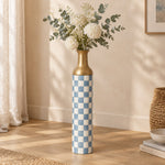 Emerald Check Metal Flower Vase – Dusty Blue Checker decorative metal vase shown in a styled room scene.