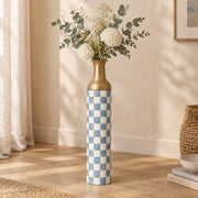 Emerald Check Metal Flower Vase – Dusty Blue Checker decorative metal vase shown in a styled room scene.