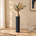 Navy Facet Metal Flower Vase – Deep Gold Chevron Lattice decorative metal vase shown in a styled room scene.