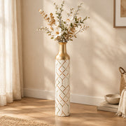 Navy Facet Metal Flower Vase – Rust Olive Chevron Lattice decorative metal vase shown in a styled room scene.