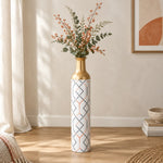 Navy Facet Metal Flower Vase – Charcoal Coral Chevron Lattice decorative metal vase shown in a styled room scene.