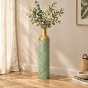 Navy Facet Metal Flower Vase – Sage Charcoal Chevron Lattice decorative metal vase shown in a styled room scene.