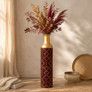 Navy Facet Metal Flower Vase – Burgundy Blush Chevron Lattice decorative metal vase shown in a styled room scene.
