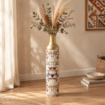 Sand Lattice Metal Flower Vase – Cream Brick Triangle decorative metal vase shown in a styled room scene.